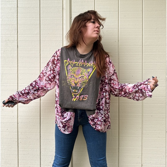 SOLD Upcycle Def Leppard Boho Floral Semi Sheer Top Blouse - One Of A Kind - Picture 6 of 15